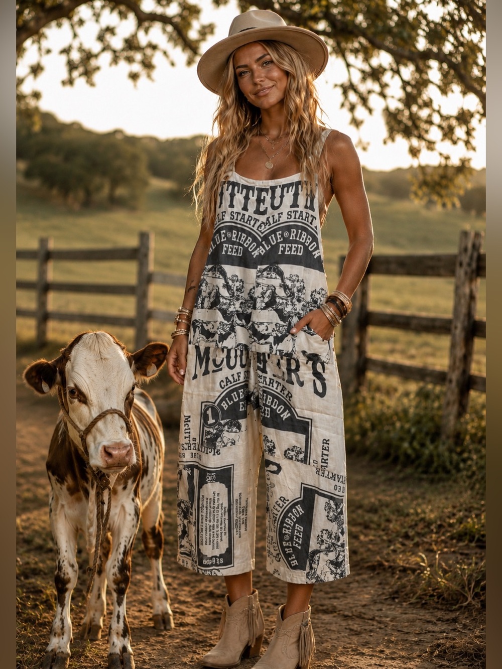 🐄 Vintage Sack McUtter’s Graphic Print Wide Leg Jumpsuit in Cream & Charcoal